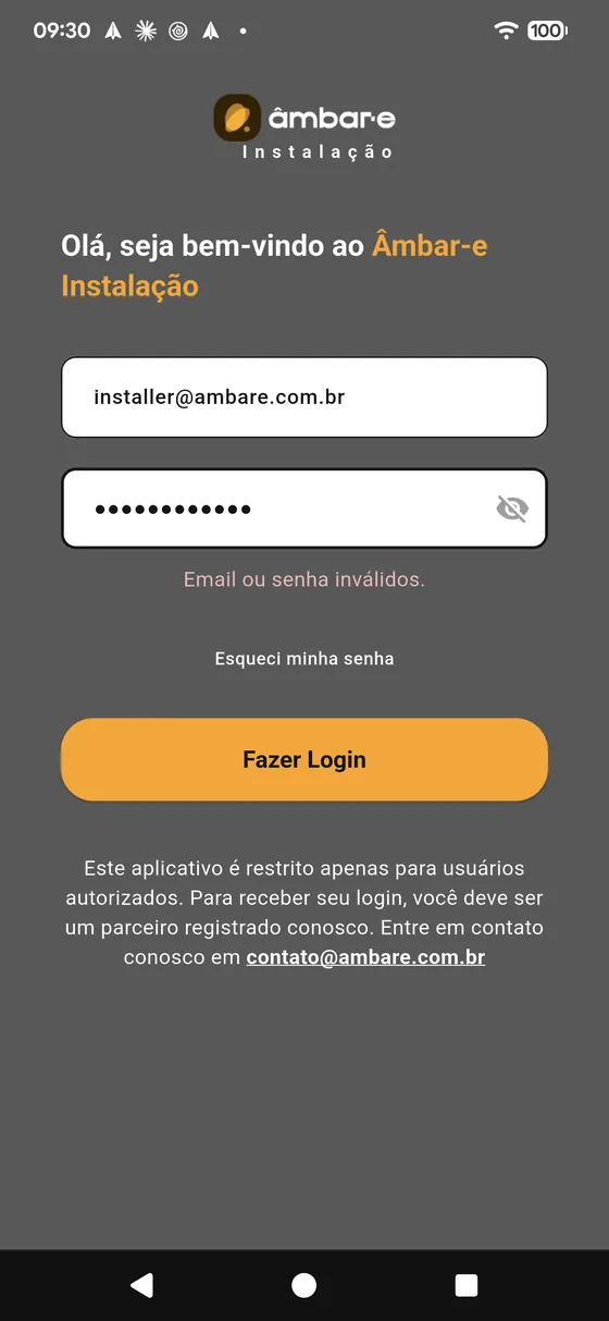 Aviso de e-mail ou senha inválidos