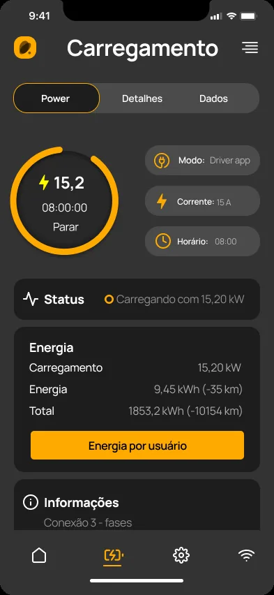 Tela de carregamento do app âmbar-e BLUE, com potência instantânea, energia entregue e tempo de sessão