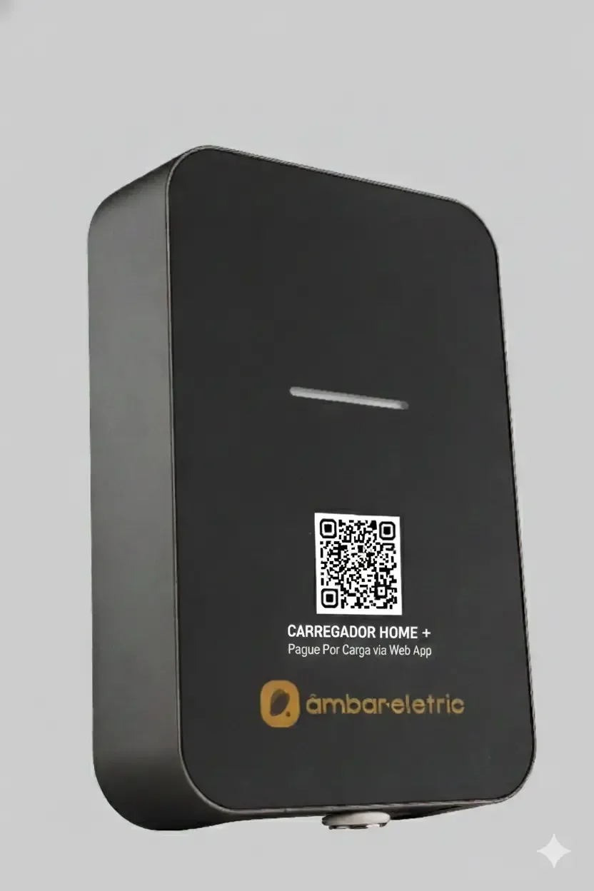 âmbar-e PAY com o QR Code de pagamento impresso na frente do carregador